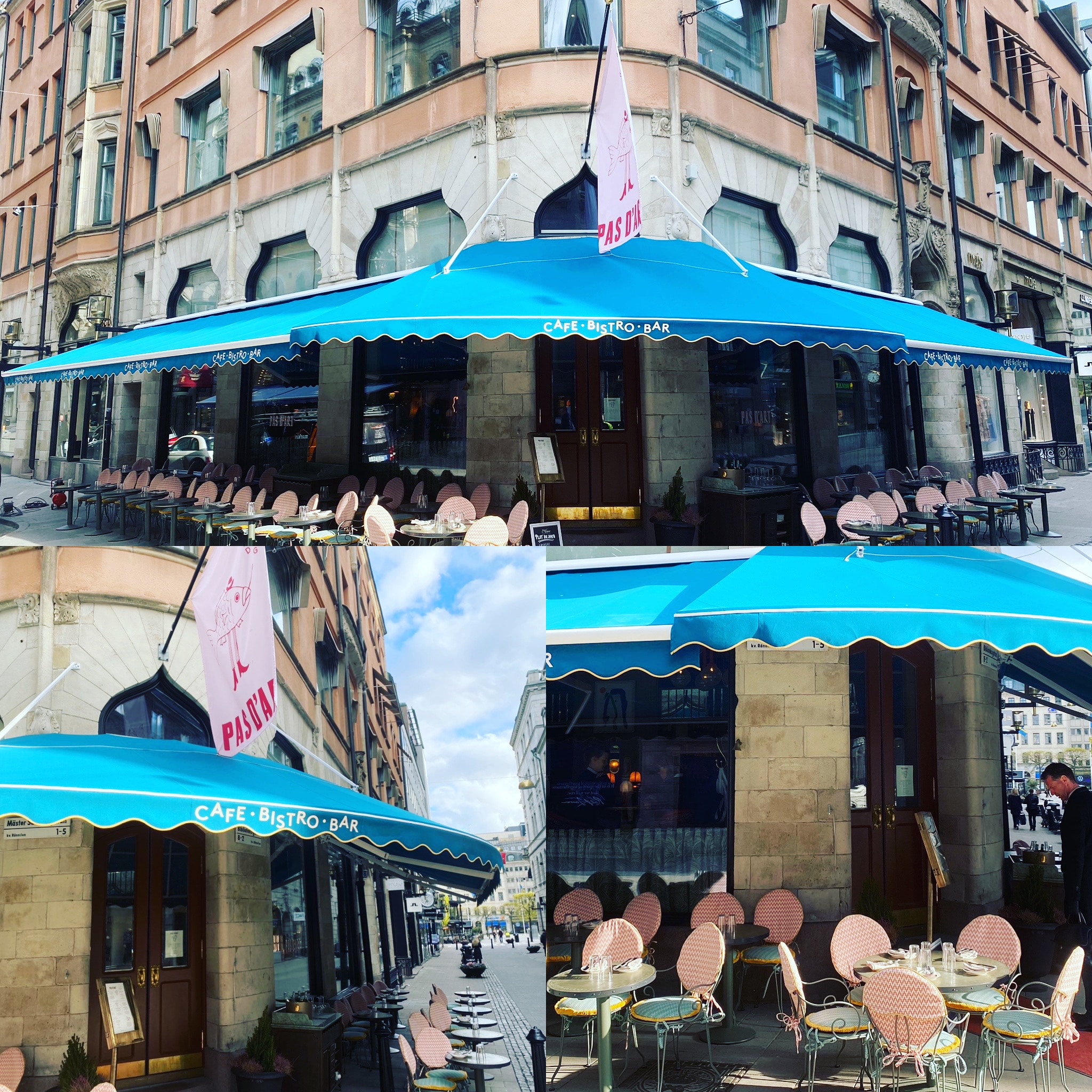 Eftersom restaurangen ligger i en hörnbyggnad skapades tre markiser i en vacker blå färg som är väl anpassade efter byggnadens form