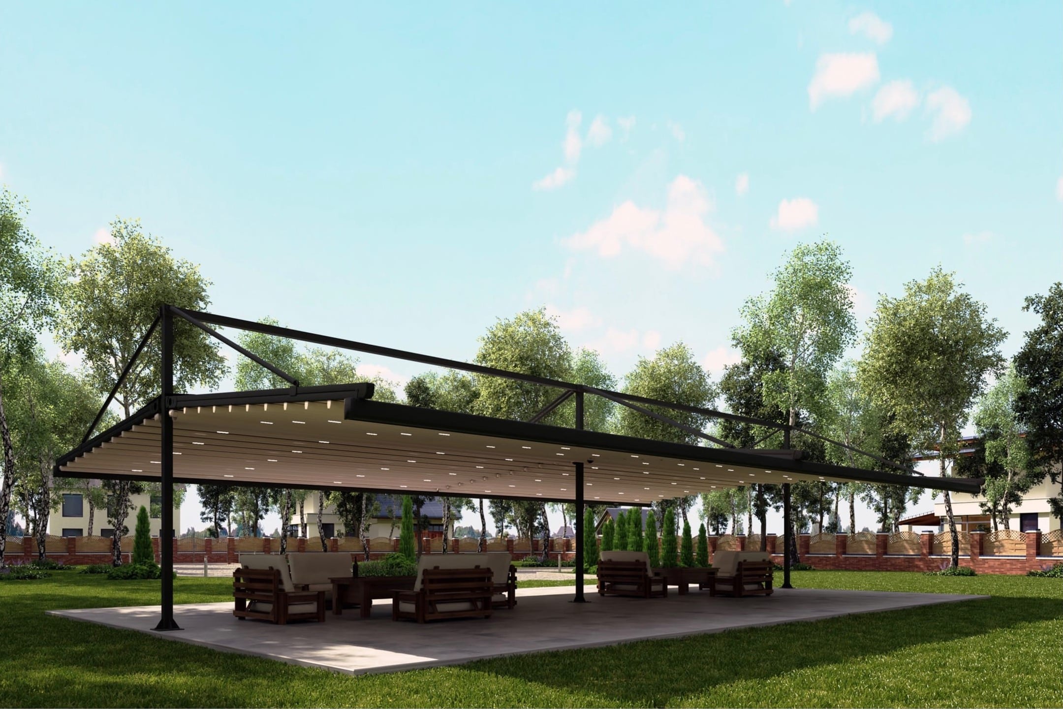 Dubbel pergola med stålkonstruktion